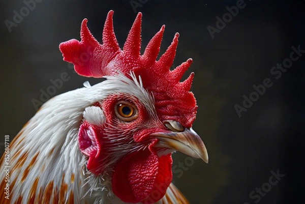 Obraz Colorful rooster with striking features perched in a calm setting showcasing vibrant plumage and detailed textures