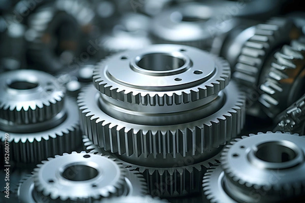 Fototapeta Close-up view of interlocking metallic gears arranged in a precise manner