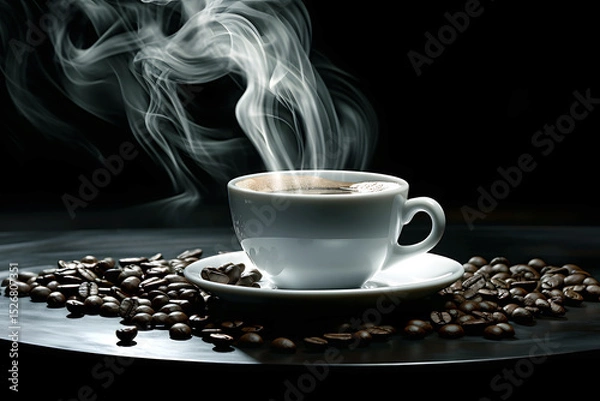 Obraz Warm cup of coffee surrounded by roasted beans with steam rising in a dimly lit setting