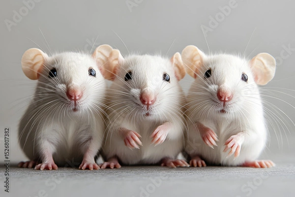 Fototapeta Three lab rats posing on a grey background