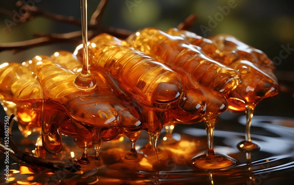Obraz Golden syrup cascading over textured honeycomb, creating an enticing culinary display in a vibrant setting