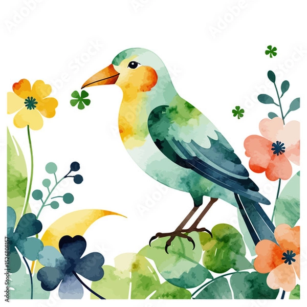 Fototapeta Watercolor Bird with Clover and Flowers - St Patricks Day Watercolor Art - Spring Bird with Floral Accents - Lucky Bird Illustration for St Patrick's Day