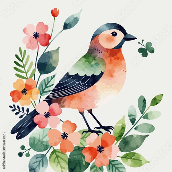 Fototapeta Watercolor Bird with Flowers-Whimsical Illustration of Bird on Floral Branch-Nature Inspired Artwork with Bird and Clover-Perfect for Spring Decor