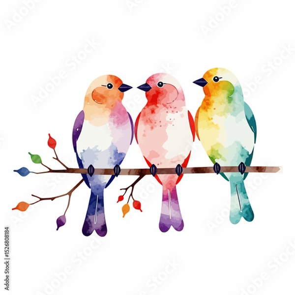 Fototapeta Watercolor Birds on a Branch Painting- Colorful Bird Art Print- Cute Bird Illustration for Home Decor- Whimsical Bird Design- Bird Lover Gift Idea