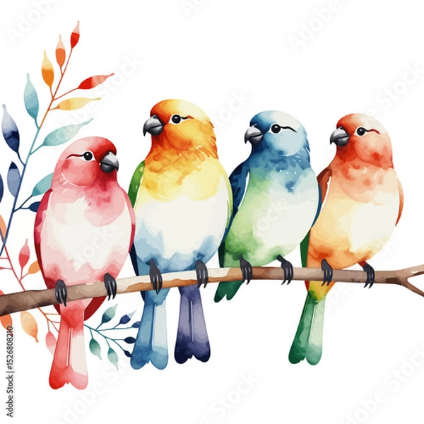 Fototapeta Watercolor Birds on Branch-Colorful Bird Illustration-Cute Bird Art Print-Nature Inspired Artwork-Whimsical Bird Painting-Pastel Birds-Bird Lover Gift