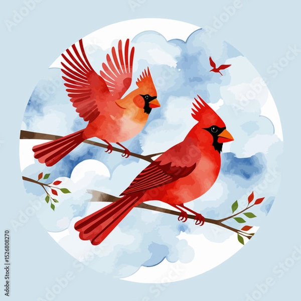 Fototapeta Watercolor Cardinals Art-Beautiful Pair of Red Birds on a Branch with Cloudy Sky-Nature Inspired Wall Decor-Perfect Gift for Bird Lovers-Unique Bird Illustration