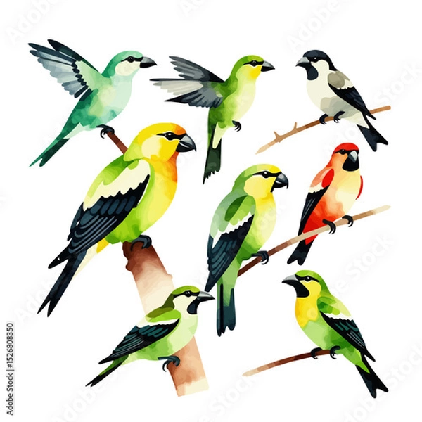 Fototapeta Watercolor Painting of Colorful Birds on Branches - Artistic Bird Illustration - Nature Inspired Art with Vibrant Colors and Delicate Details