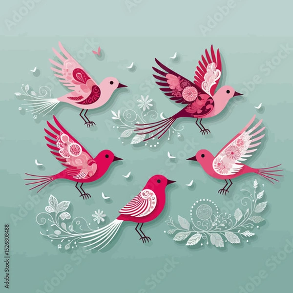 Fototapeta Whimsical Bird Art - Pink and Red Bird Illustrations - Delicate Floral Accents - Pastel Background - Cute Bird Decor - Decorative Bird Pattern - Artistic Bird Design