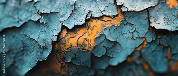 Fototapeta Flaking paint unveils cracked surface showing oxidized base, creating weathered effect.