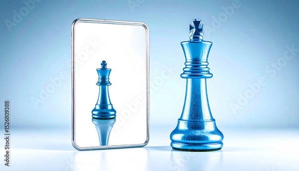 Obraz Blue chess king piece stands as metaphor for self reflection showing different chess piece in mirror with calm blue background
