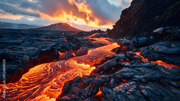 Obraz Volcanic eruption creating glowing lava river in a dramatic landscape during sunset