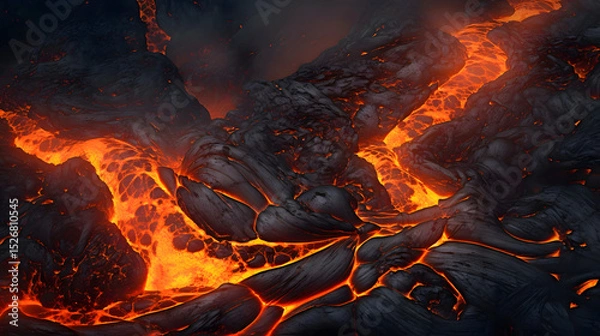 Obraz Volcanic eruption creating glowing lava river in a dramatic landscape during sunset
