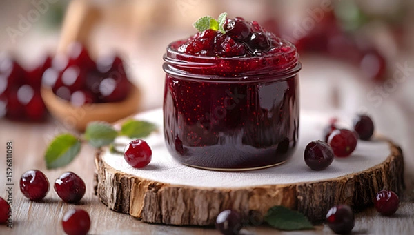 Fototapeta Top view of a jar filled with wild berry jam on a white wooden surface