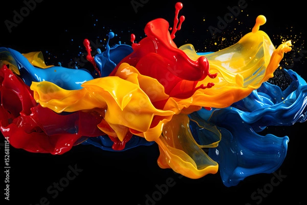 Obraz Vibrant splashes of paint creating dynamic patterns in blue, yellow, and red against a dark background during an art project