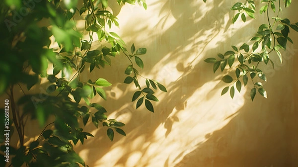 Fototapeta Beige Studio Background with Sunlight and Greenery
