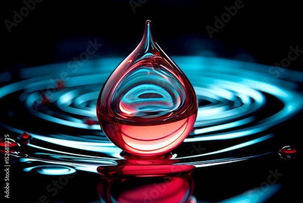 Obraz Liquid drop creates ripples on surface reflecting vibrant colors in a dark background during artistic photography session