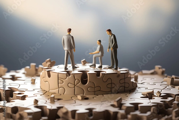 Obraz Business professionals collaborating to solve a puzzle on a table with a blurred background