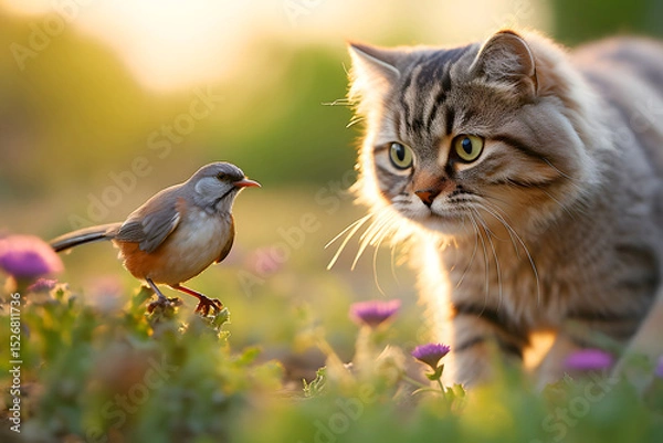 Obraz Curious kitten and colorful bird interact in a serene outdoor setting during early morning light