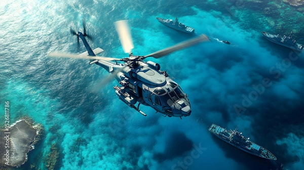 Fototapeta An aerial shot captures a navy helicopter likely a Seahawk model soaring above a fleet of ships navigating the turquoise waters of the open ocean