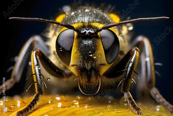 Obraz Close up of a yellow and black fly resting on a wooden surface under natural light in a garden setting