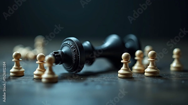 Obraz Fallen black king chess piece surrounded by white pawns as metaphor for strategy and power dynamics in game or life situation
