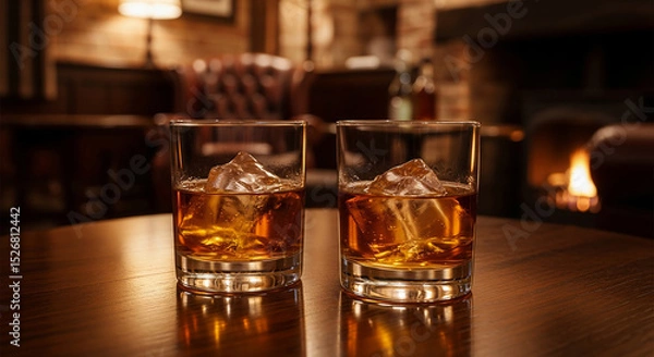Fototapeta verres de whisky sur une table en bois dans un bar anglais