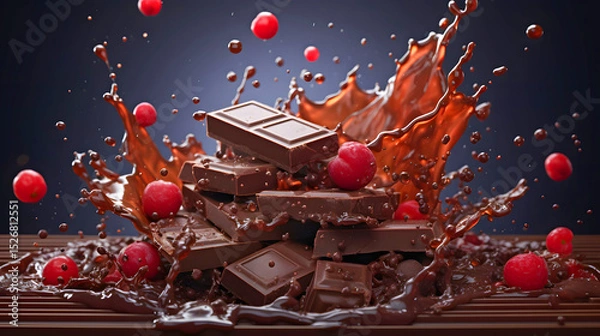 Obraz Dark chocolate splashes with red berries creating a vibrant display of taste and texture