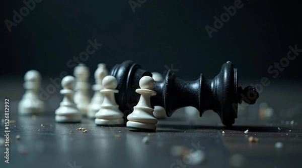 Obraz Chess game scene shows white pawns standing victorious as metaphor for strategy and triumph over fallen black king piece on board