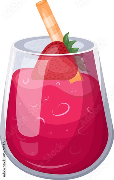 Fototapeta Strawberry juice vector illustration in glass with straw and fruit