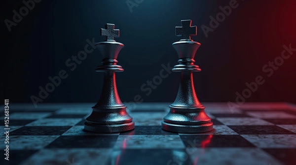 Obraz Two black chess king pieces stand on chessboard as metaphor for strategy and power in dramatic low light setting with blue and red tones