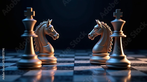Obraz Chess knight and king pieces face each other on reflective board as metaphor for strategy and competition in dramatic close up scene