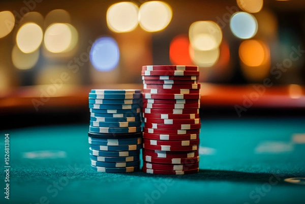 Fototapeta Stacks of poker chips standing on casino table with blurred lights
