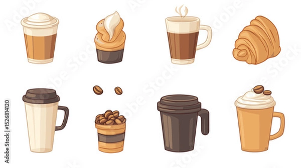 Fototapeta A flat vector cartoon coffee shop icons collection with latte art cup coffee beans coffee grinder and pastry croissant on white background no shading no gradients
