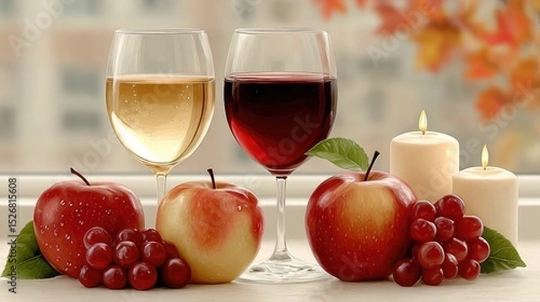 Obraz Autumn Wine Setting with Red and White Wine, Apples, Grapes, and Candles by a Window