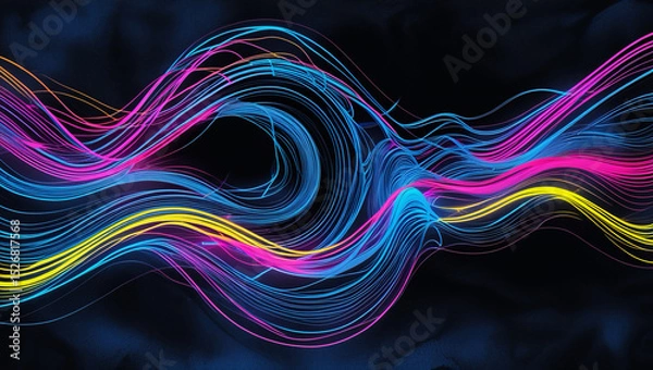 Fototapeta On a black background, abstract neon lines form a wave-like shape.  This dazzling illustration's vivid colours and flow give it a future design vibe.