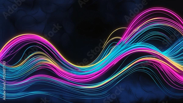 Fototapeta On a black background, abstract neon lines form a wave-like shape.  This dazzling illustration's vivid colours and flow give it a future design vibe.