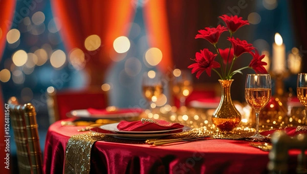 Fototapeta In red tones, a sumptuous dinner table is set for the new year.  Red silk, an orange curtain, and a red flower adorn the empty space on the glittering golden table where the products will be placed.