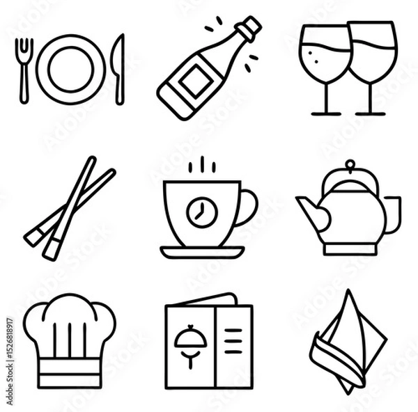 Fototapeta Food and beverage icon set illustration featuring dining essentials for culinary concepts