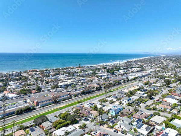 Fototapeta Aerial view of wealthy Encinitas town with blue ocean in San Diego, South California, USA. 