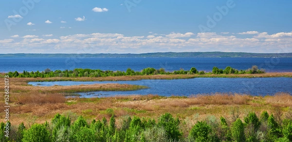 Fototapeta Scenic view of wetland and riverbank under blue sky