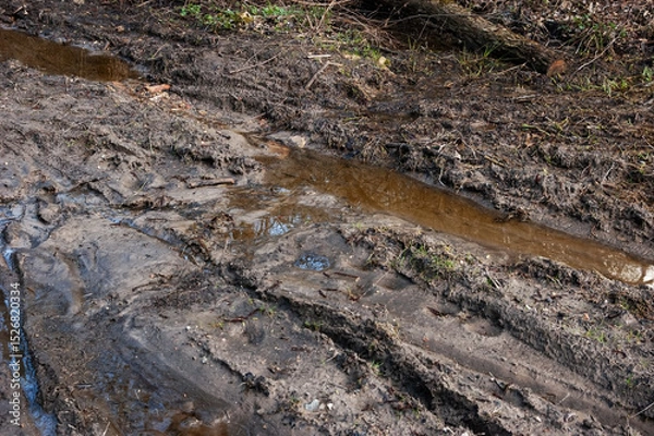 Fototapeta Very muddy dirt road with deep puddles and flowing water. The surface is churned up and full of footprints and tire tracks. The water is orange or brown from the clay soil.