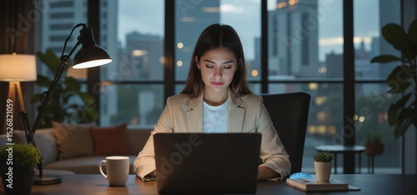 Fototapeta Young Woman Shopping Online – Professional Female Using Laptop in Evening Setting for E-Commerce, Digital Marketing, and Online Shopping Content