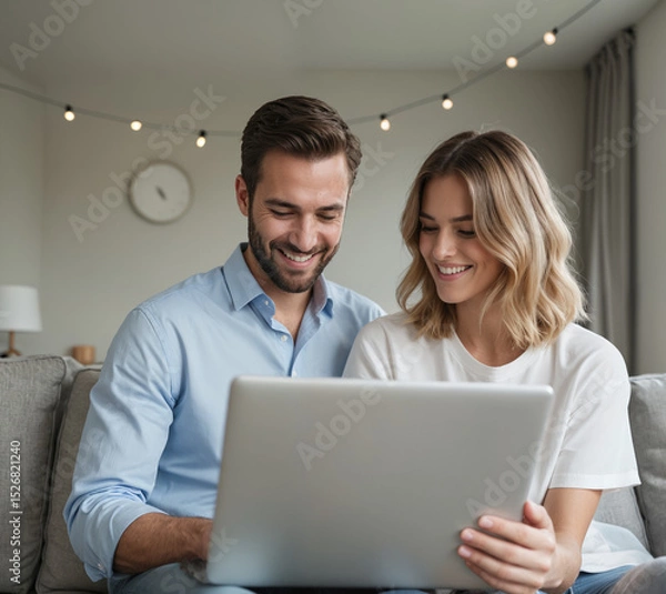 Fototapeta Happy Couple Shopping Online – Smiling Man and Woman Using Laptop on Cozy Sofa for E-Commerce, Digital Purchases, and Online Shopping From Home Convenience