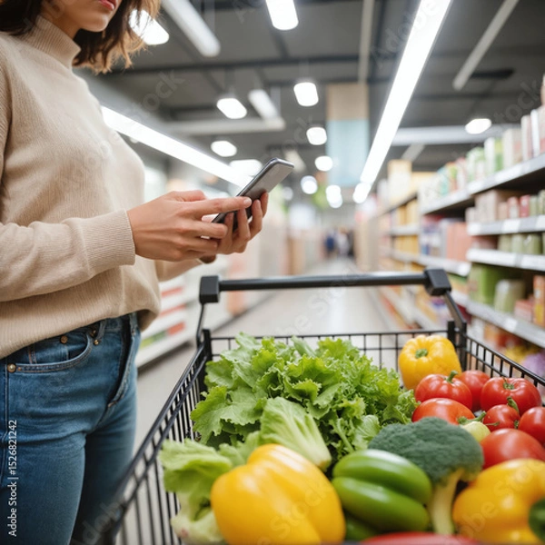 Fototapeta Woman Using Smartphone in Supermarket – Shopper Comparing Prices Online While Grocery Shopping with Fresh Vegetables for Budget Planning and Price Comparison Apps