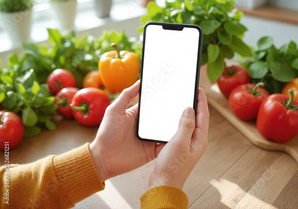 Fototapeta Woman Using Smartphone for Online Grocery Shopping – Hand Holding Mobile Device with Blank Screen Surrounded by Fresh Vegetables for Smartphone Online Shopping App