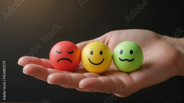 Fototapeta Customer Feedback Emotion Balls – Hand Holding Red, Yellow, and Green Smiley Faces for Online Shopping Experience, Customer Satisfaction Surveys, and E-Commerce Feedback Systems