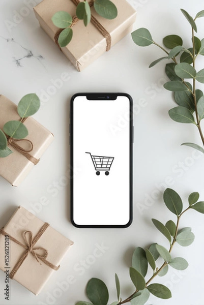 Fototapeta Smartphone Displaying Shopping Cart Icon – Minimalist E-commerce Application Interface with Gift Boxes for Virtual Shopping Basket Marketing