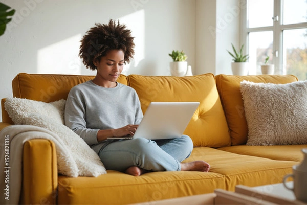 Fototapeta Happy Woman Using Laptop on Yellow Couch – Smiling Female Shopping Online in Cozy Home Setting for E-Commerce, Digital Lifestyle, and Online Shopping From Home