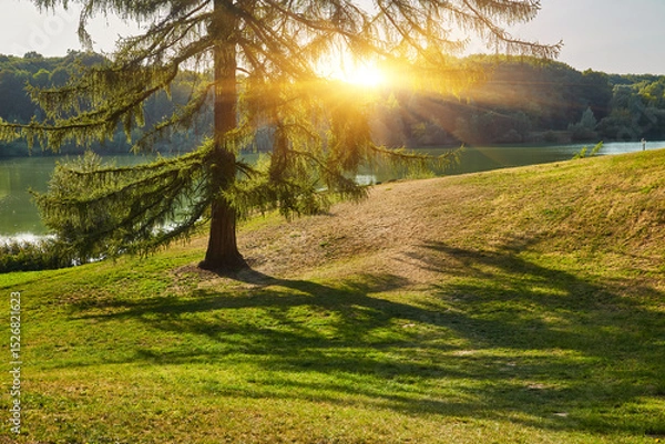 Fototapeta Scenic Lakeside View with Rolling Hills and Trees