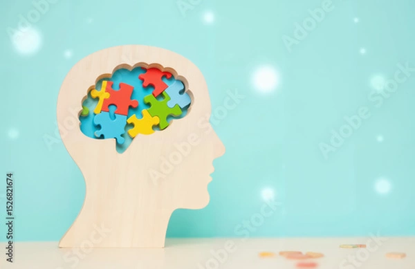 Fototapeta Human Brain Profile Made of Colorful Puzzle Pieces - Wooden Silhouette with Mental Activity Representation for Brain Health Awareness, Neurology Education, and World Brain Day Campaigns
